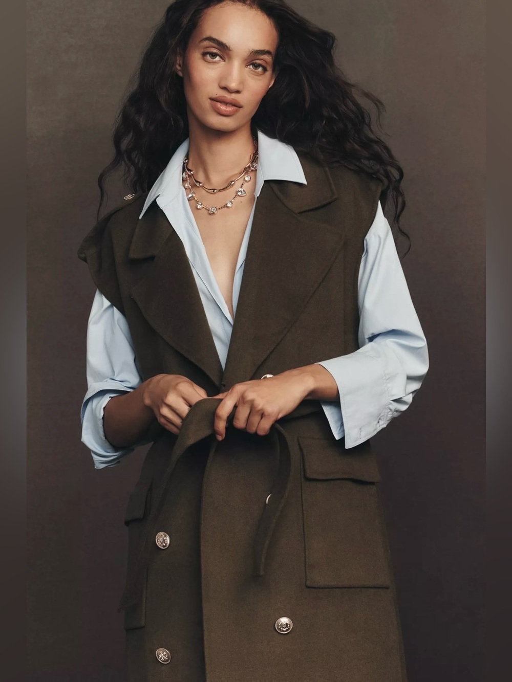 Anthropologie Olive Double-Breasted Sleeveless Trench Vest